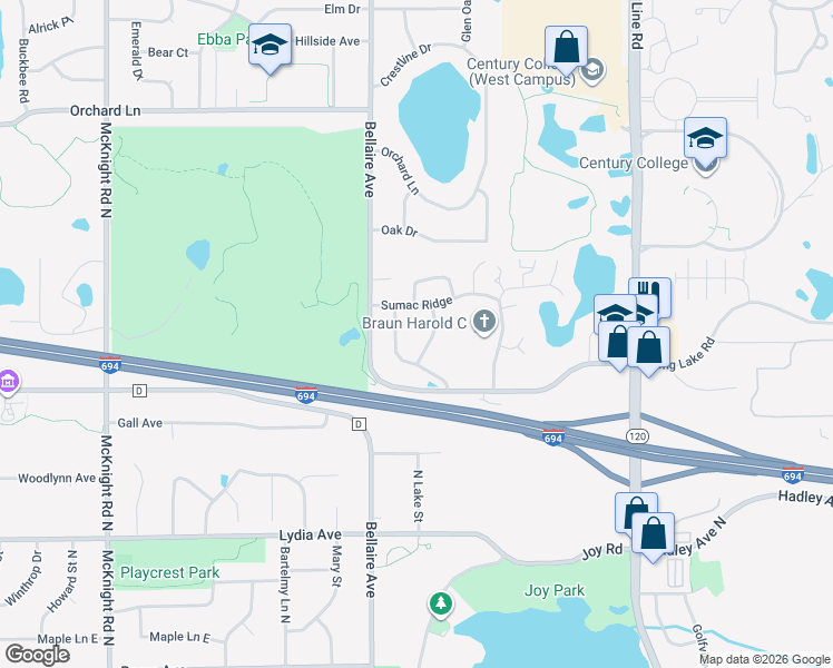 map of restaurants, bars, coffee shops, grocery stores, and more near 2551 Manitou Lane in White Bear Lake