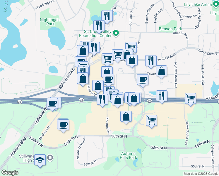 map of restaurants, bars, coffee shops, grocery stores, and more near 2021 Market Drive in Stillwater