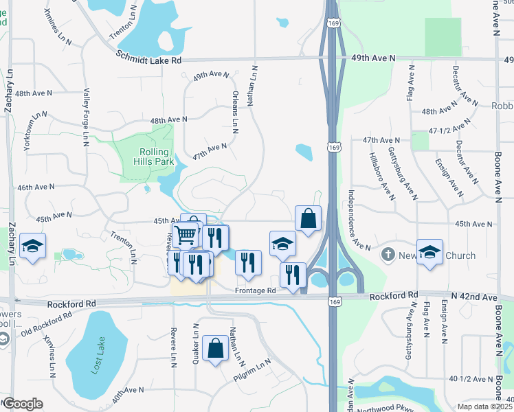map of restaurants, bars, coffee shops, grocery stores, and more near 9900 45th Avenue North in Plymouth