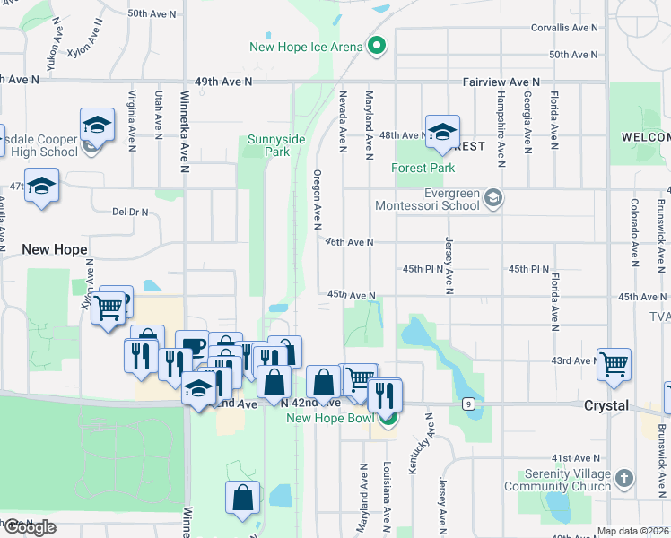 map of restaurants, bars, coffee shops, grocery stores, and more near 4532 Oregon Avenue North in Minneapolis