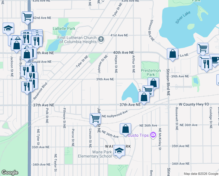 map of restaurants, bars, coffee shops, grocery stores, and more near 3820 Hayes Street Northeast in Columbia Heights