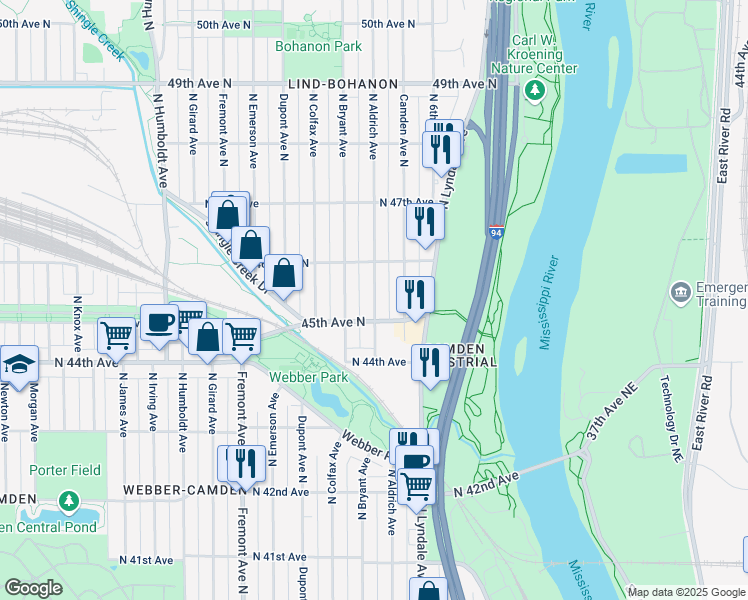 map of restaurants, bars, coffee shops, grocery stores, and more near 4526 N Aldrich Ave in Minneapolis