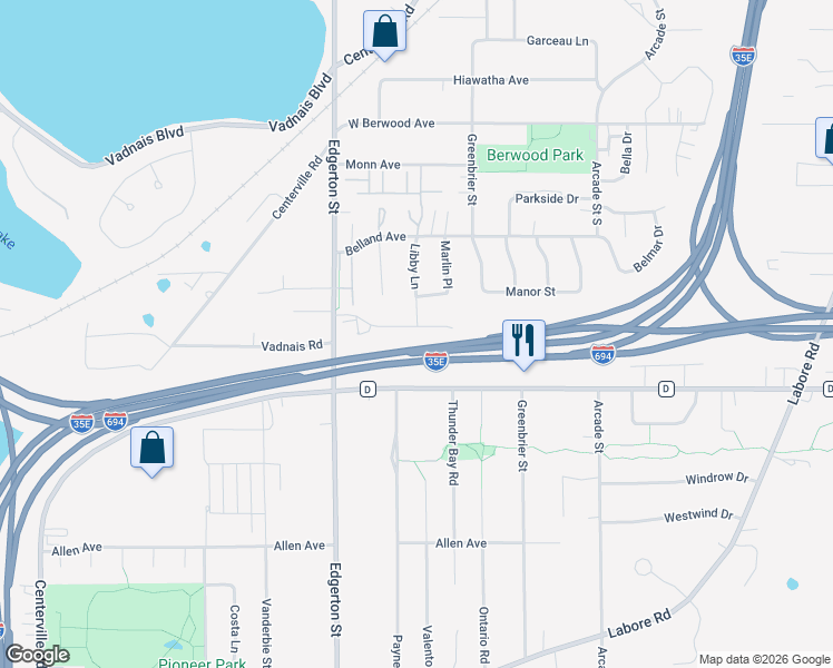 map of restaurants, bars, coffee shops, grocery stores, and more near 624 Liberty Way in Vadnais Heights