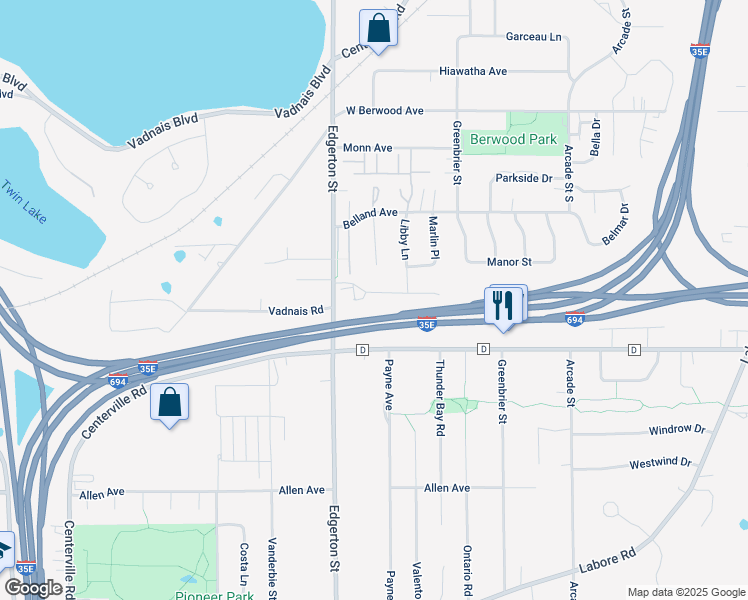 map of restaurants, bars, coffee shops, grocery stores, and more near 602 Liberty Way in Vadnais Heights
