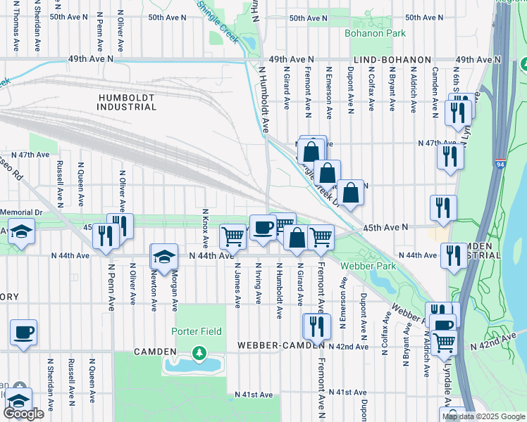 map of restaurants, bars, coffee shops, grocery stores, and more near 4520 North Humboldt Avenue in Minneapolis