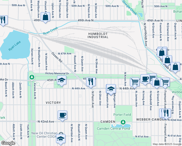 map of restaurants, bars, coffee shops, grocery stores, and more near 2144 Victory Memorial Drive in Minneapolis