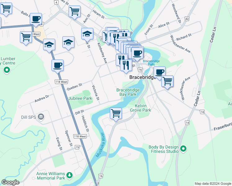 map of restaurants, bars, coffee shops, grocery stores, and more near in Bracebridge