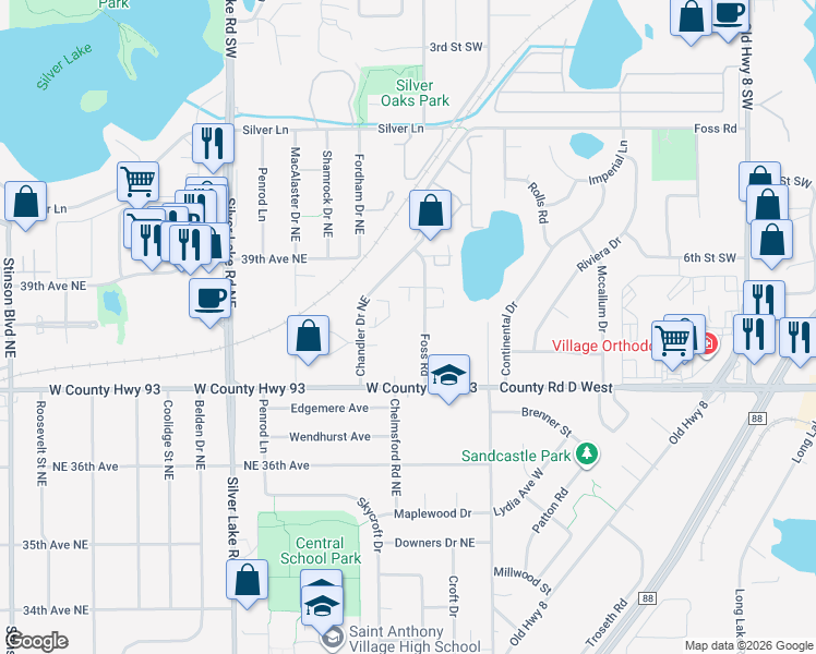 map of restaurants, bars, coffee shops, grocery stores, and more near 3728 Foss Road in Saint Anthony