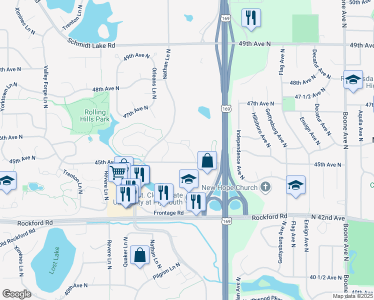 map of restaurants, bars, coffee shops, grocery stores, and more near 9700 45th Avenue North in Plymouth