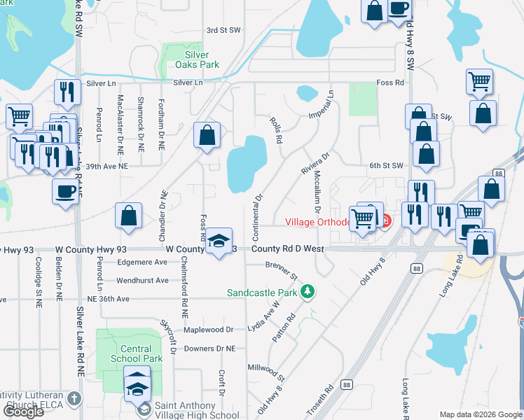 map of restaurants, bars, coffee shops, grocery stores, and more near 685 Continental Drive in New Brighton