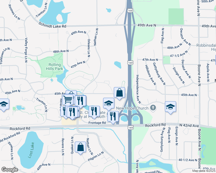 map of restaurants, bars, coffee shops, grocery stores, and more near 9700 45th Avenue North in Plymouth