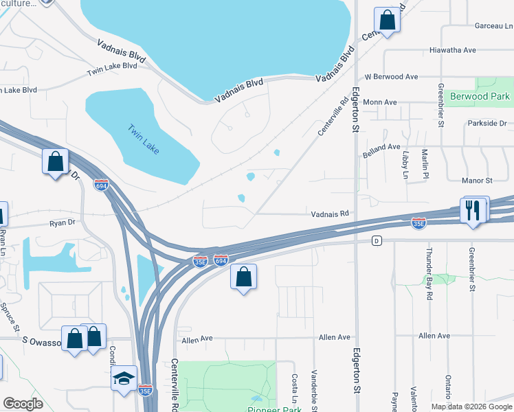 map of restaurants, bars, coffee shops, grocery stores, and more near 3175 Centerville Road in Saint Paul