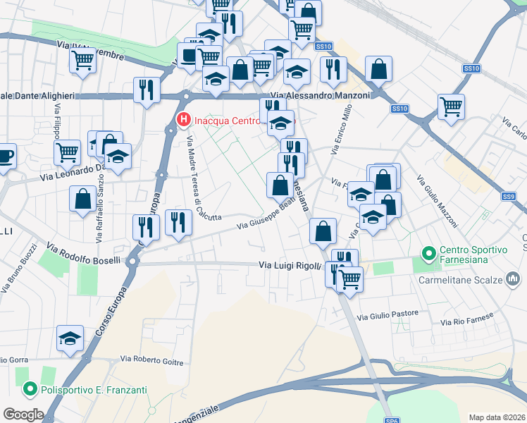 map of restaurants, bars, coffee shops, grocery stores, and more near Via Maria Macellari in Piacenza