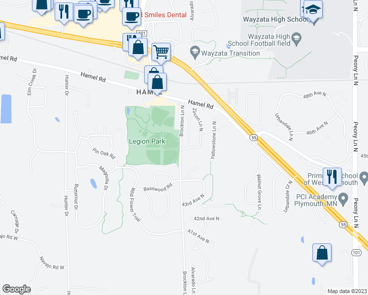 map of restaurants, bars, coffee shops, grocery stores, and more near 4505 Alvarado Lane North in Plymouth