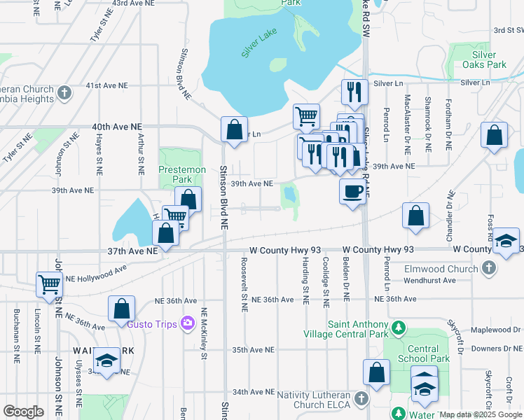 map of restaurants, bars, coffee shops, grocery stores, and more near 2551 38th Avenue Northeast in Saint Anthony
