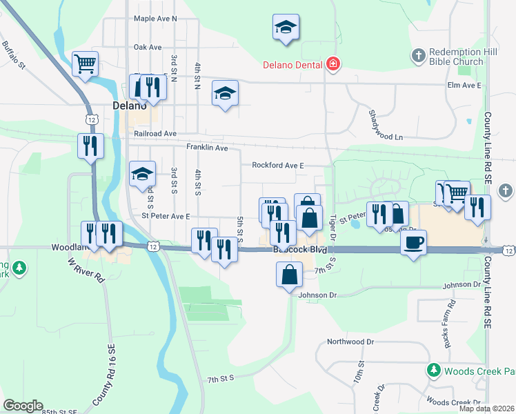map of restaurants, bars, coffee shops, grocery stores, and more near 225 6th Street South in Delano