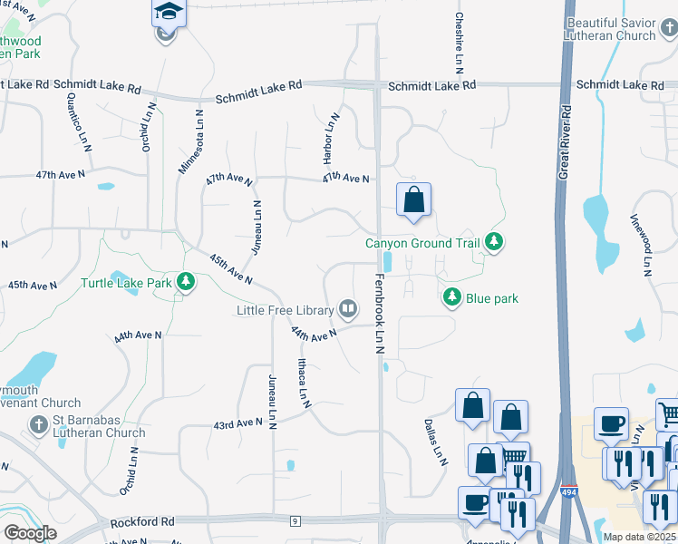 map of restaurants, bars, coffee shops, grocery stores, and more near 14415 45th Avenue North in Minneapolis