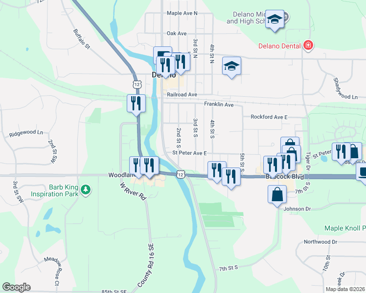 map of restaurants, bars, coffee shops, grocery stores, and more near 240 2nd St S in Delano