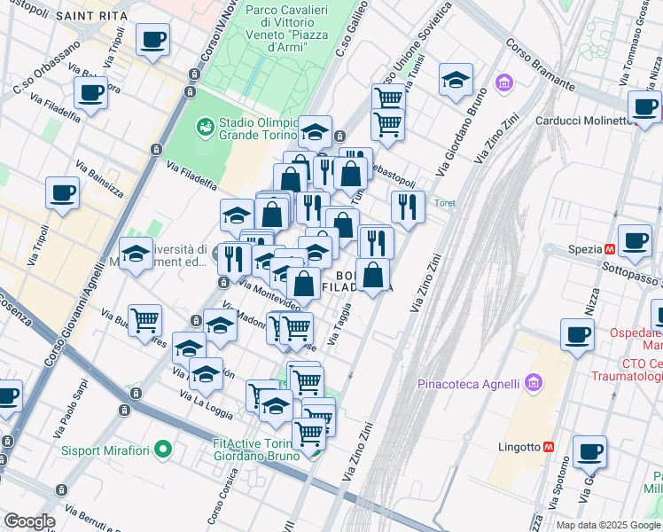 map of restaurants, bars, coffee shops, grocery stores, and more near 99 Via Tunisi in Torino