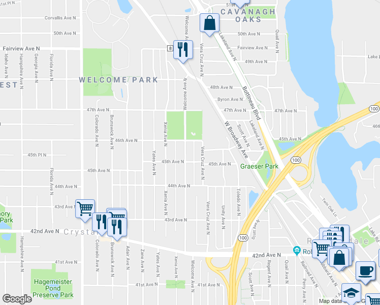 map of restaurants, bars, coffee shops, grocery stores, and more near 4514 Welcome Avenue North in Minneapolis