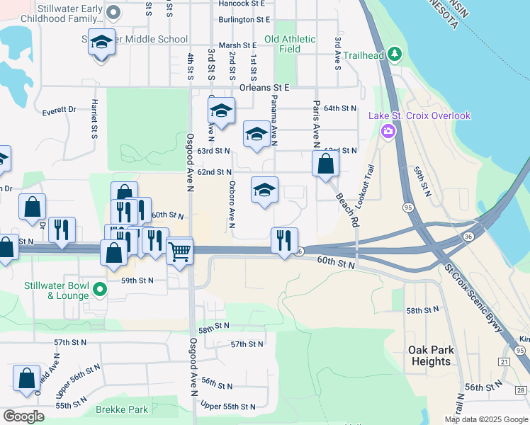 map of restaurants, bars, coffee shops, grocery stores, and more near 14949 62nd Street North in Stillwater