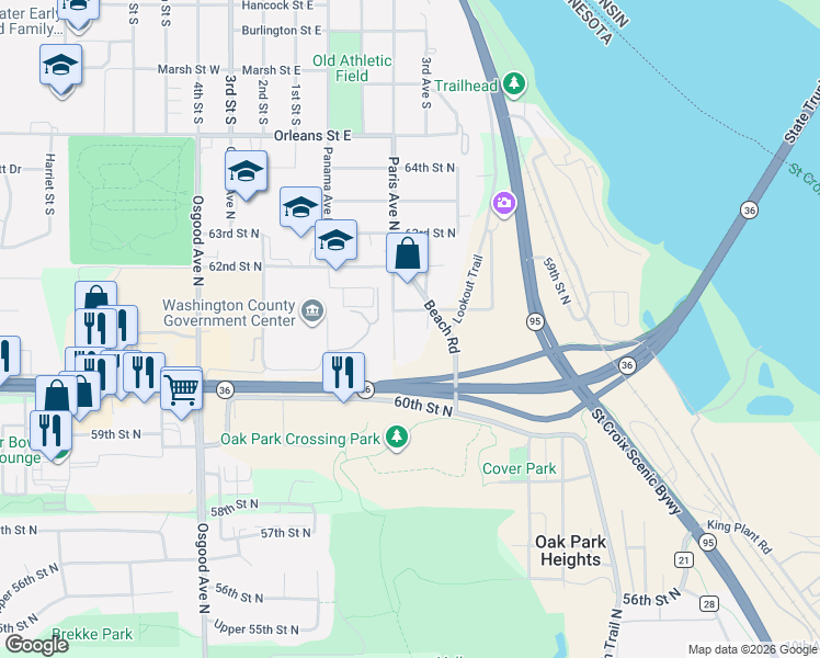 map of restaurants, bars, coffee shops, grocery stores, and more near 6111 Paris Avenue North in Stillwater