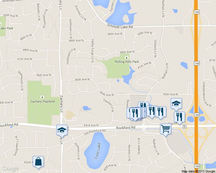 map of restaurants, bars, coffee shops, grocery stores, and more near 4545 Trenton Circle North in Minneapolis