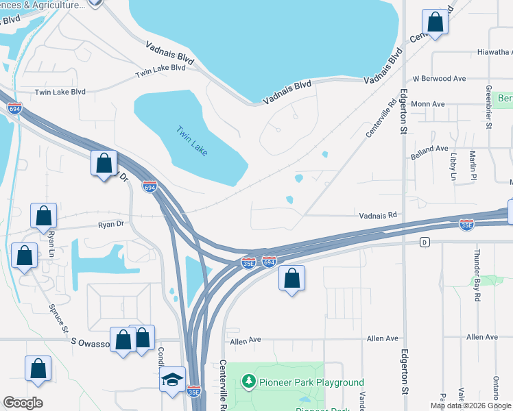map of restaurants, bars, coffee shops, grocery stores, and more near 3143 Centerville Road in Vadnais Heights