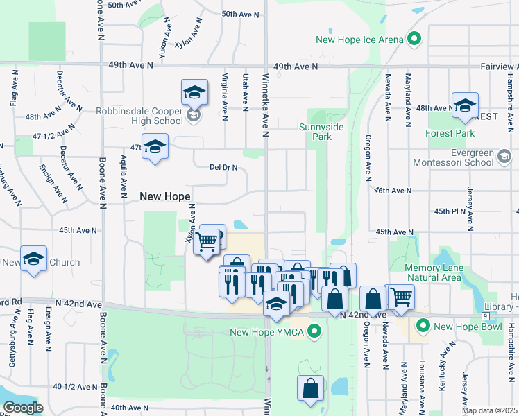 map of restaurants, bars, coffee shops, grocery stores, and more near 4521 Winnetka Avenue North in Minneapolis