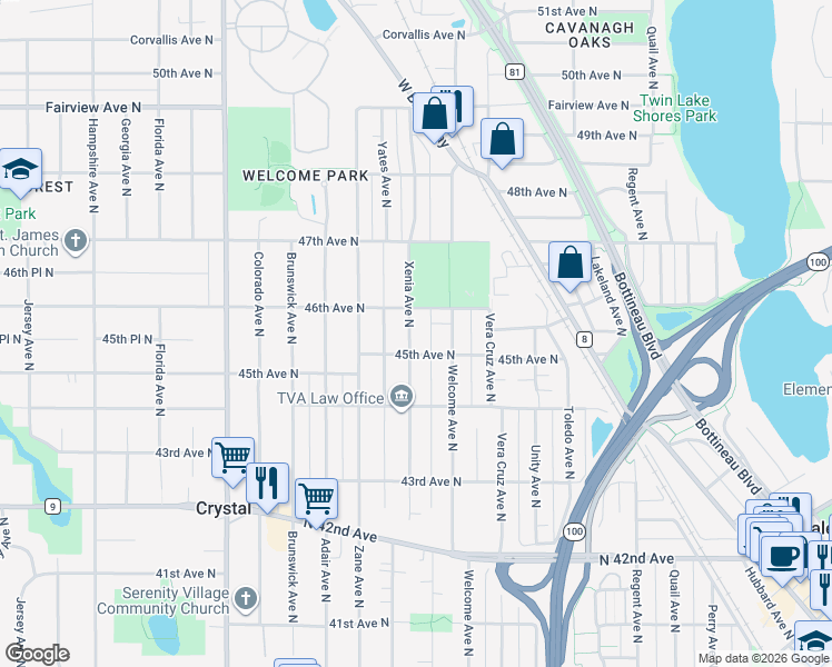 map of restaurants, bars, coffee shops, grocery stores, and more near 4512 Xenia Avenue North in Minneapolis