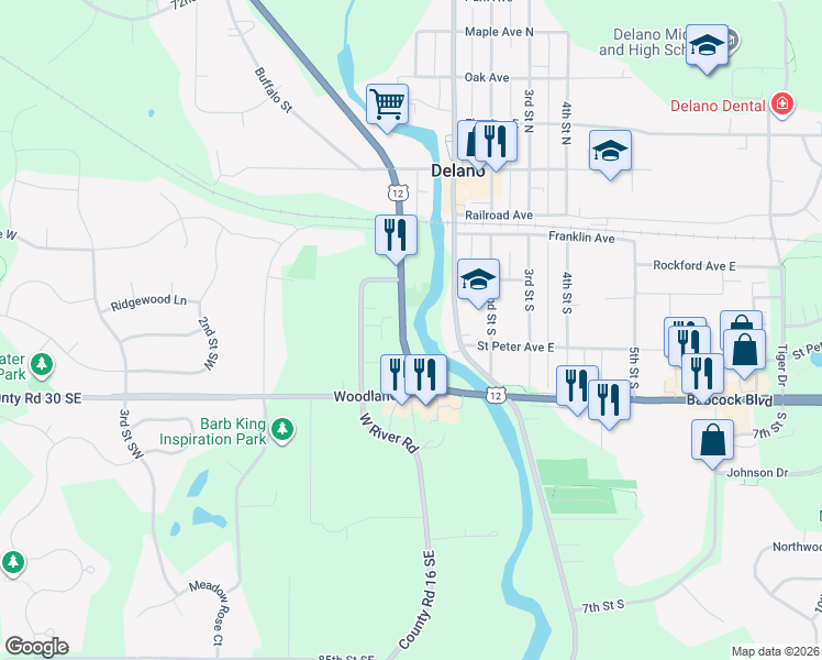 map of restaurants, bars, coffee shops, grocery stores, and more near 236 Babcock Blvd in Delano
