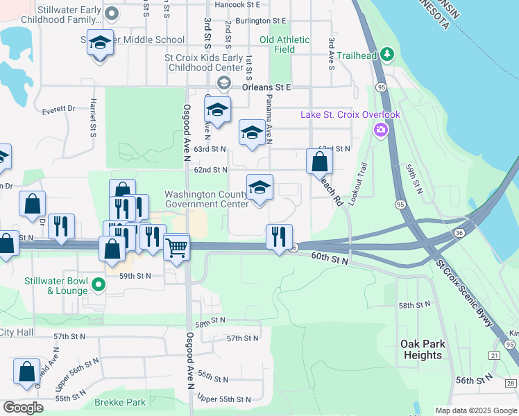 map of restaurants, bars, coffee shops, grocery stores, and more near 14949 62nd Street North in Stillwater