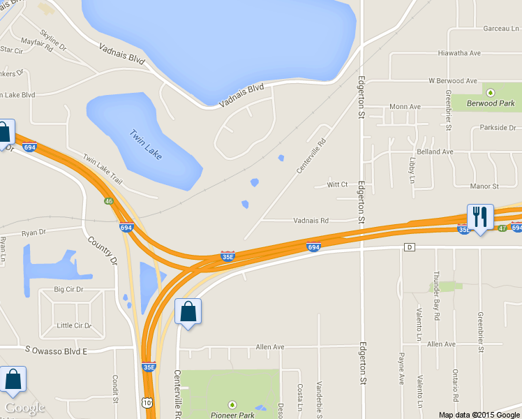 map of restaurants, bars, coffee shops, grocery stores, and more near 3175 Centerville Road in Vadnais Heights