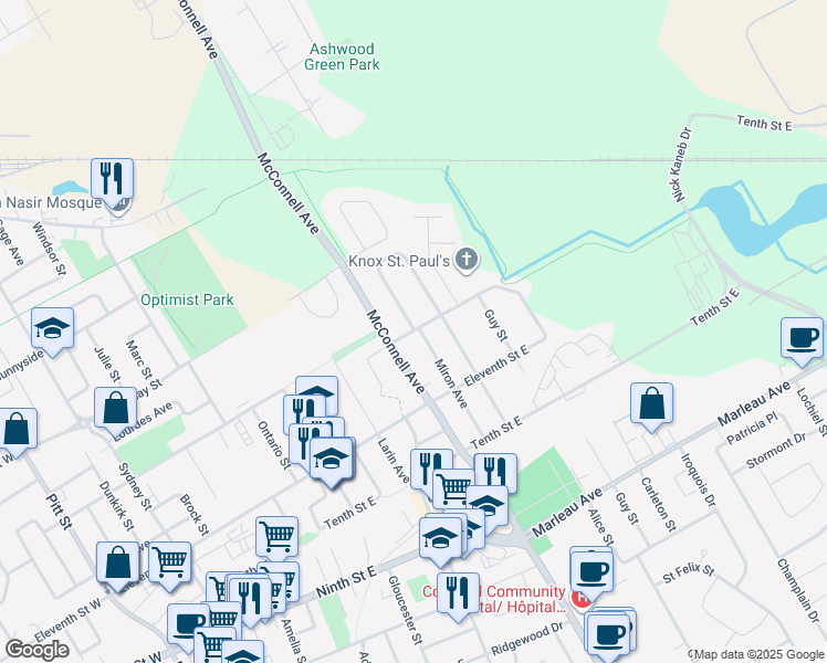 map of restaurants, bars, coffee shops, grocery stores, and more near 615 Twelfth Street East in Cornwall