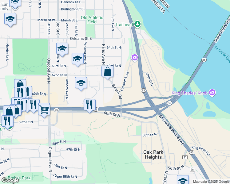 map of restaurants, bars, coffee shops, grocery stores, and more near 6124 Beach Road in Stillwater