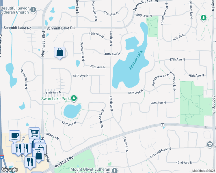 map of restaurants, bars, coffee shops, grocery stores, and more near 12355 45th Place North in Minneapolis