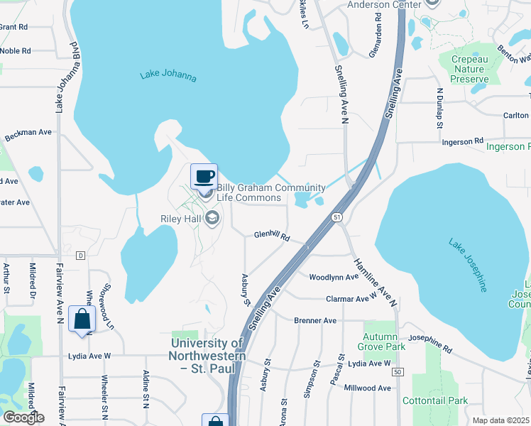 map of restaurants, bars, coffee shops, grocery stores, and more near 1528 Edgewater Avenue in Arden Hills