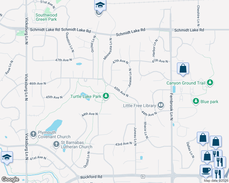 map of restaurants, bars, coffee shops, grocery stores, and more near 14945 45th Avenue North in Minneapolis