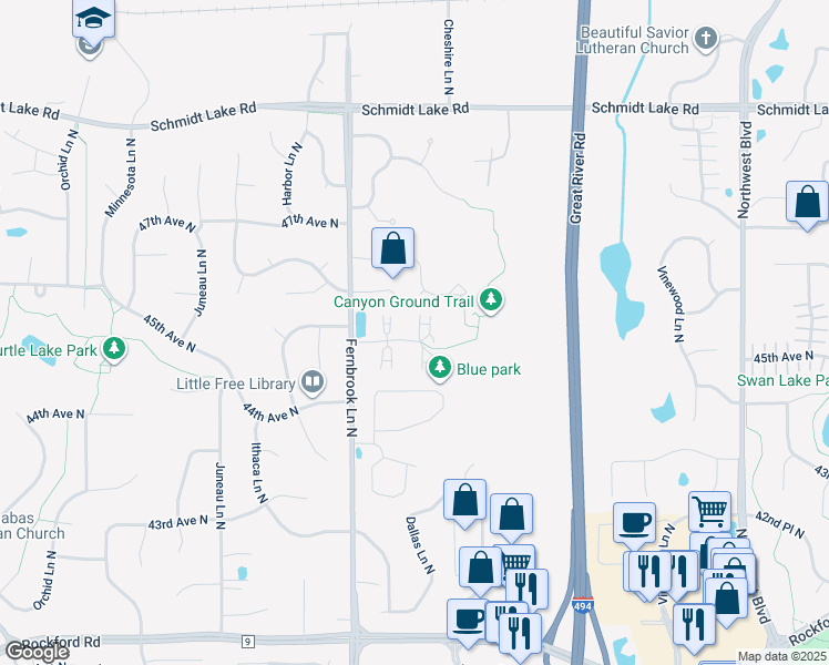 map of restaurants, bars, coffee shops, grocery stores, and more near 14040 44th Place North in Minneapolis