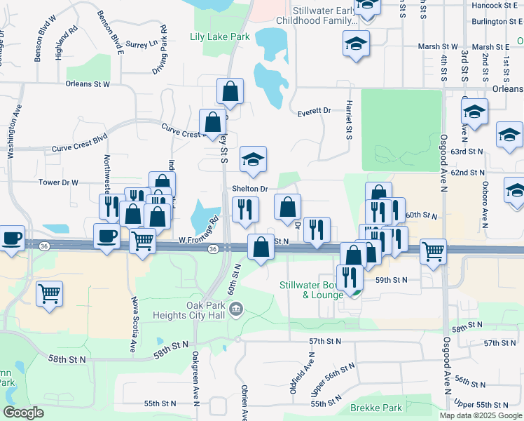 map of restaurants, bars, coffee shops, grocery stores, and more near 1955 West Ridge Circle in Stillwater