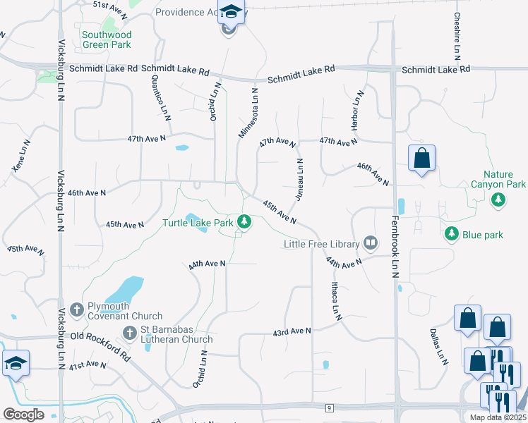 map of restaurants, bars, coffee shops, grocery stores, and more near 14945 45th Avenue North in Minneapolis