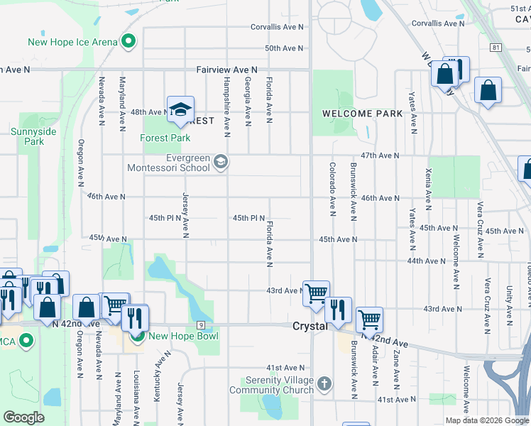 map of restaurants, bars, coffee shops, grocery stores, and more near 4533 Florida Avenue North in Minneapolis