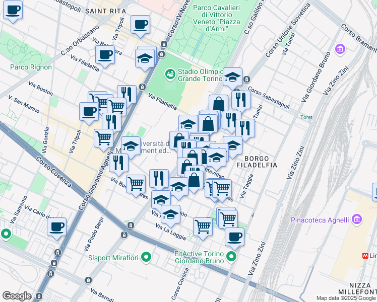 map of restaurants, bars, coffee shops, grocery stores, and more near 218 Corso Unione Sovietica in Torino