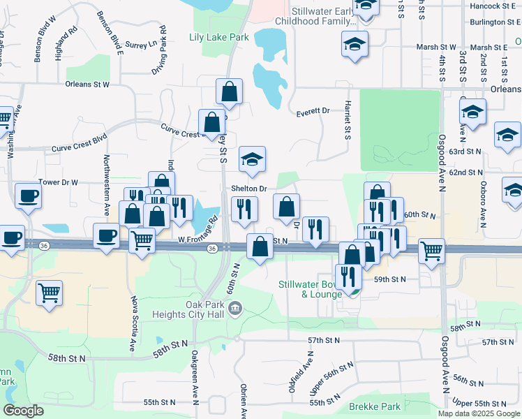 map of restaurants, bars, coffee shops, grocery stores, and more near 1955 West Ridge Circle in Stillwater