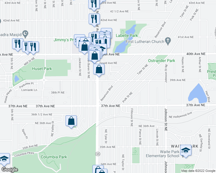 map of restaurants, bars, coffee shops, grocery stores, and more near 3830 Reservoir Boulevard in Minneapolis