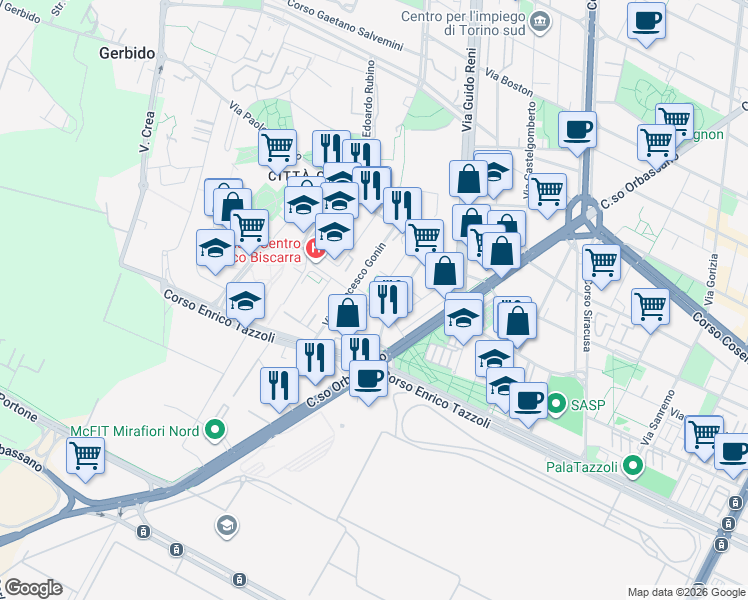 map of restaurants, bars, coffee shops, grocery stores, and more near 19 Via Giorgio Bellono in Turin