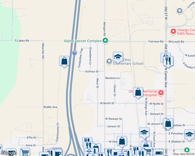 map of restaurants, bars, coffee shops, grocery stores, and more near 419-899 West Street in Gaylord