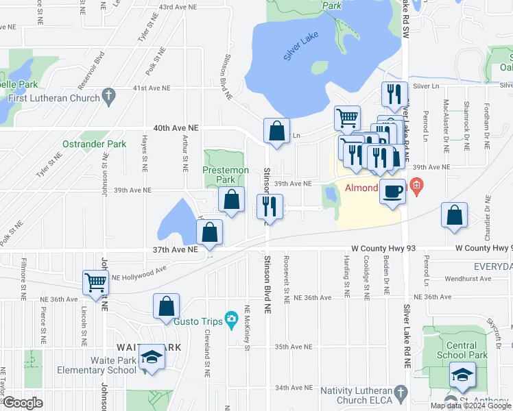 map of restaurants, bars, coffee shops, grocery stores, and more near 3826 Northeast Stinson Boulevard in Columbia Heights
