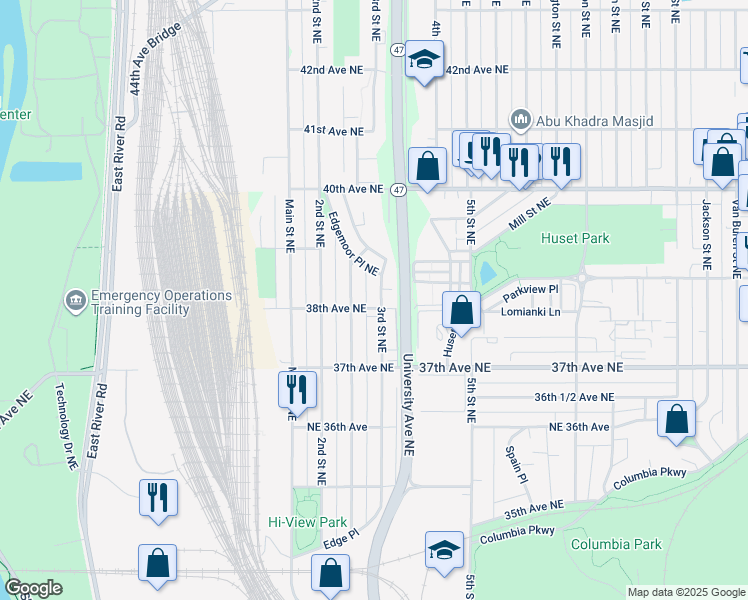 map of restaurants, bars, coffee shops, grocery stores, and more near 3800 3rd Street Northeast in Minneapolis