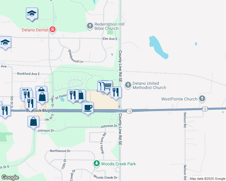 map of restaurants, bars, coffee shops, grocery stores, and more near 1472 Babcock Boulevard in Delano